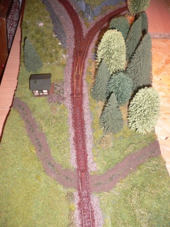 Tráva je již všude a jak jsem se i patinovat kolejnice. Měl jsem hustou barvu tak výsledek není úplně ideální. Přechod je moc strohý. Ještě natřu jemně řídkou barvou zbytek náspu a aplikuju nějaku zeleň. Snad to trochu pomůže :-)  